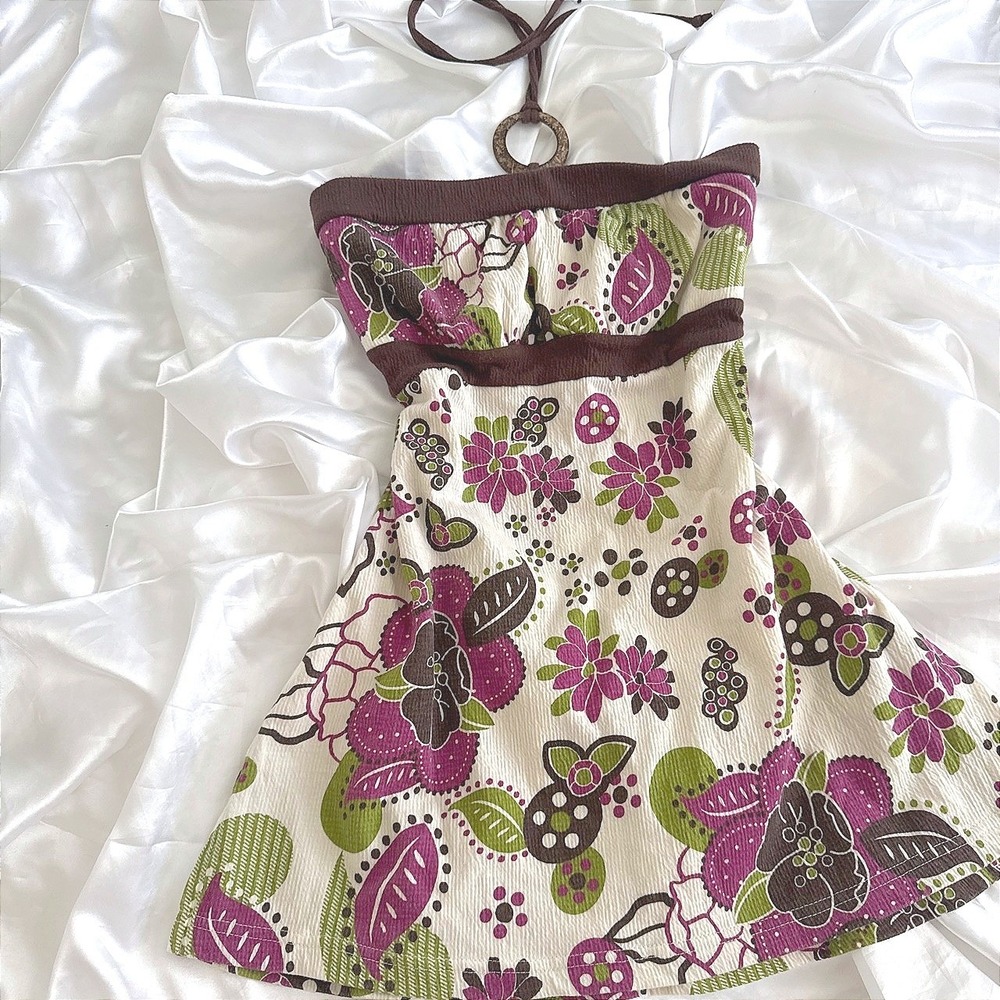 Self Esteem Y2K Floral Halter Top Brown Purple Green O-Ring Empire Waist Large
